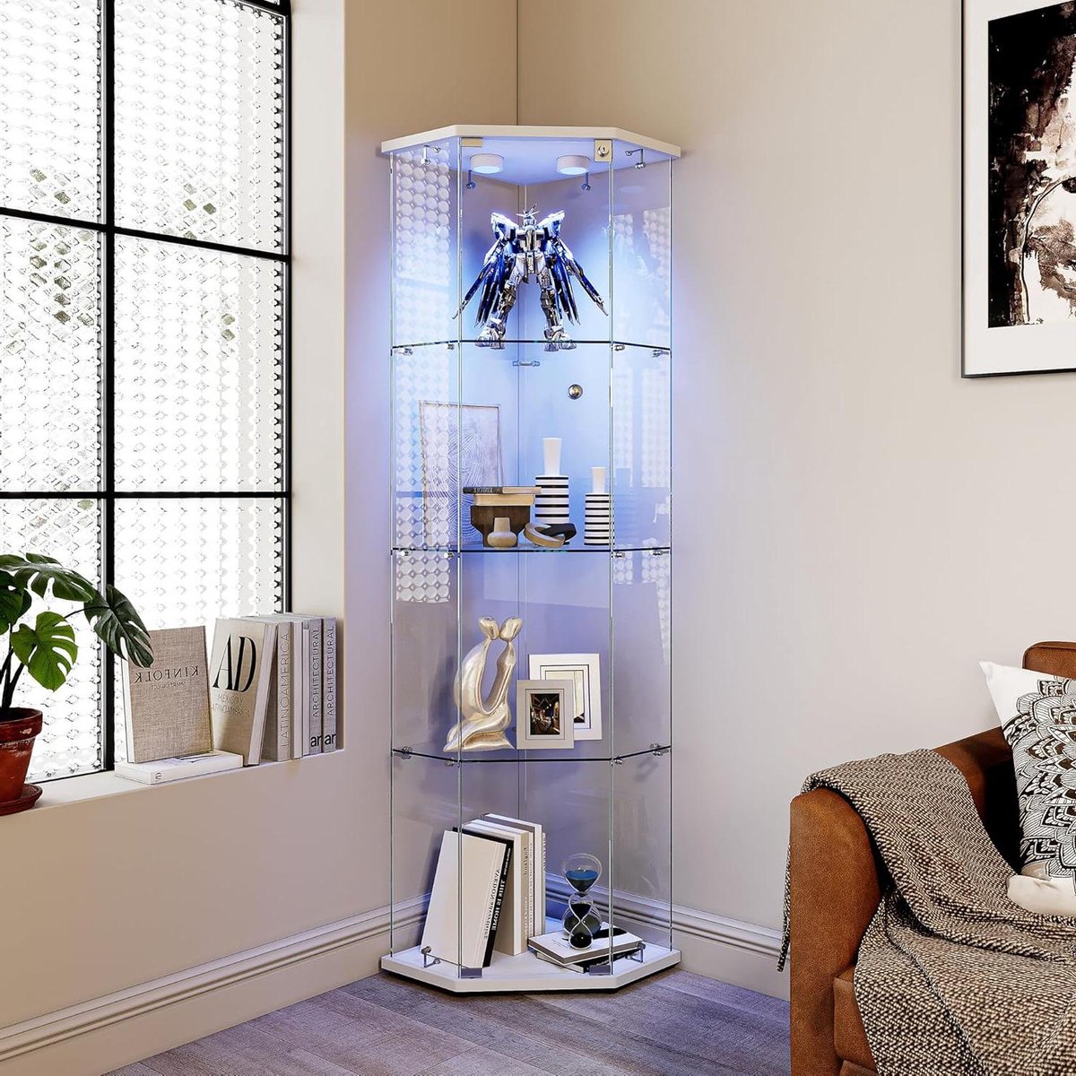 Hoekvitrinekast met LED - Glazen Displaykast Staand - Verzamelingen Presenteren - Gehard Glas Veiligheidsslot