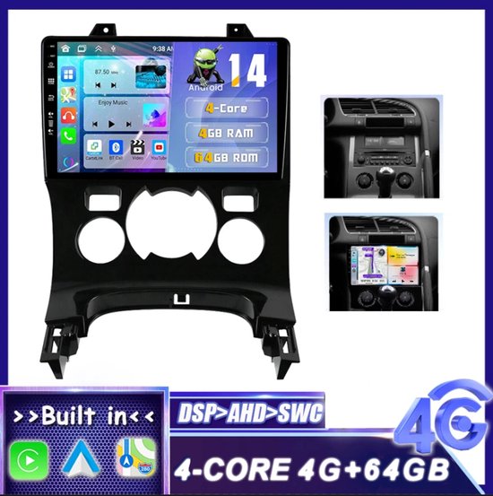 Autoradio - 9 inch, 4 GB + 64 GB, Android 14 - Ondersteunt CarPlay, voorzien van AHD-camera en microfoon - Compatibel met Peugeot 3008/5008 (modeljaren 2009-2016)