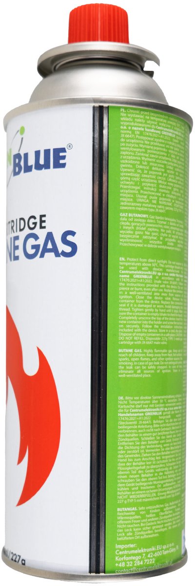 GreenBlue - Gasflessen 56 stuks - Gaspatroon van 227 g. Certificaat: Pi 0875, voldoet aan de norm EN417, butaan, gebruiksbereik -10 °C tot +40 °C, GB227 van GreenBlue — afbeelding 3