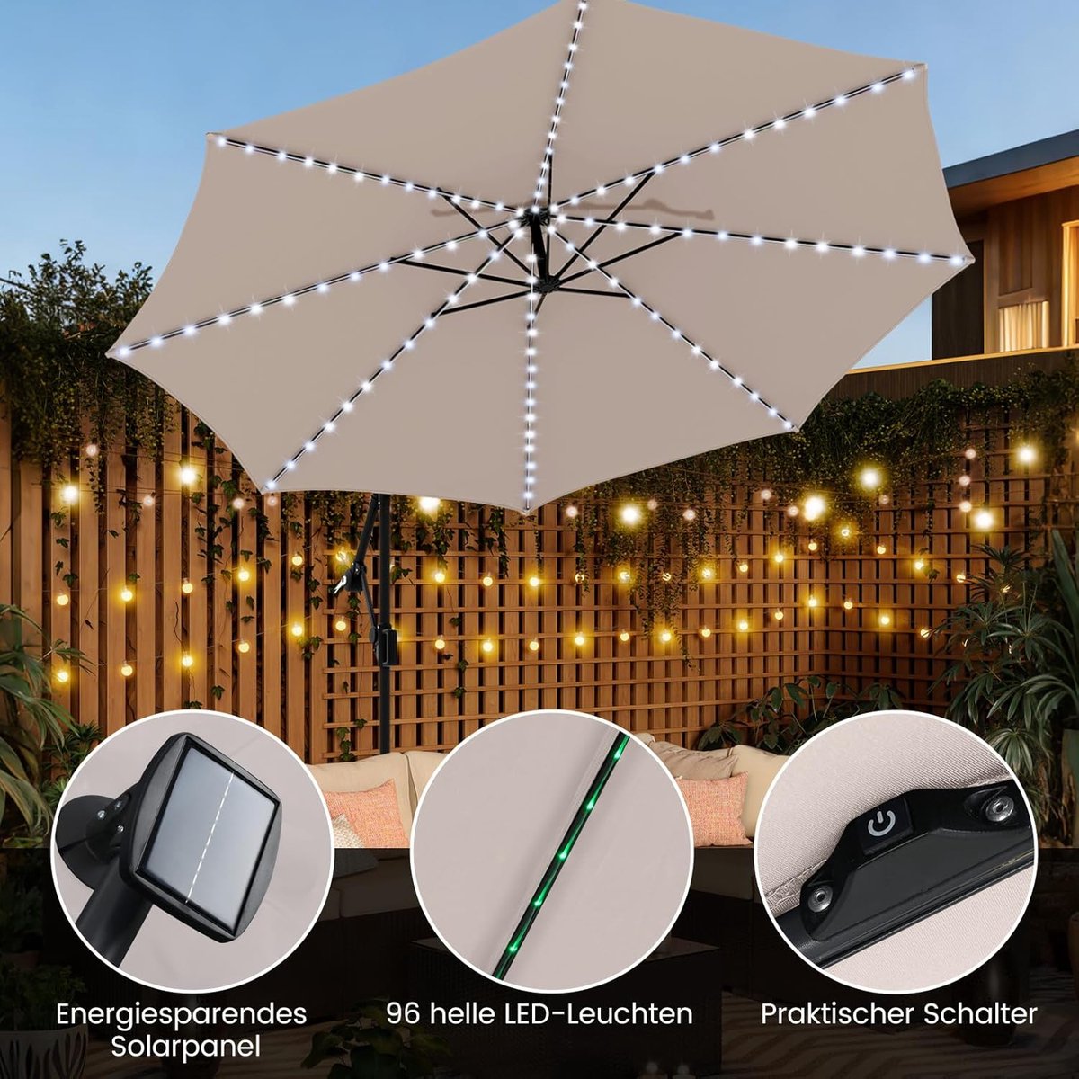 Zweefparasol 300 cm met LED verlichting, 360° draaibaar, verstelbare hellingshoek, inclusief standaard en zandzakken – Luxe tuinparasol rond Ø300 x 260 cm beige – Nicolehome