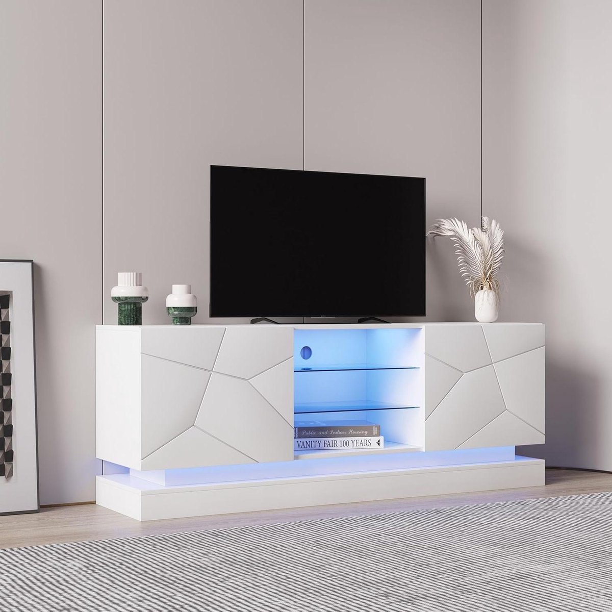 160 cm led-tv-kast met 2 kastdeuren, moderne televisiekast voor 70 inch tv, lowboard, tv-meubel, tv-kast, 16 kleuren, mat wit