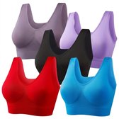 Vijf sport bh's: paars, lavendel, zwart, rood en blauw.