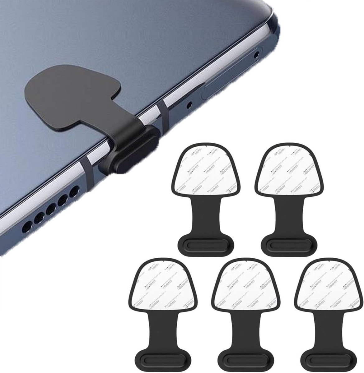 Set van 5 C-Type Stofpluggen met Verwijderbare Lijm, Beschermende Deksel voor USB-C, Compatibel met Mobiele Telefoons en Tablets, Siliconen Stofpluggen voor Duurzame Bescherming