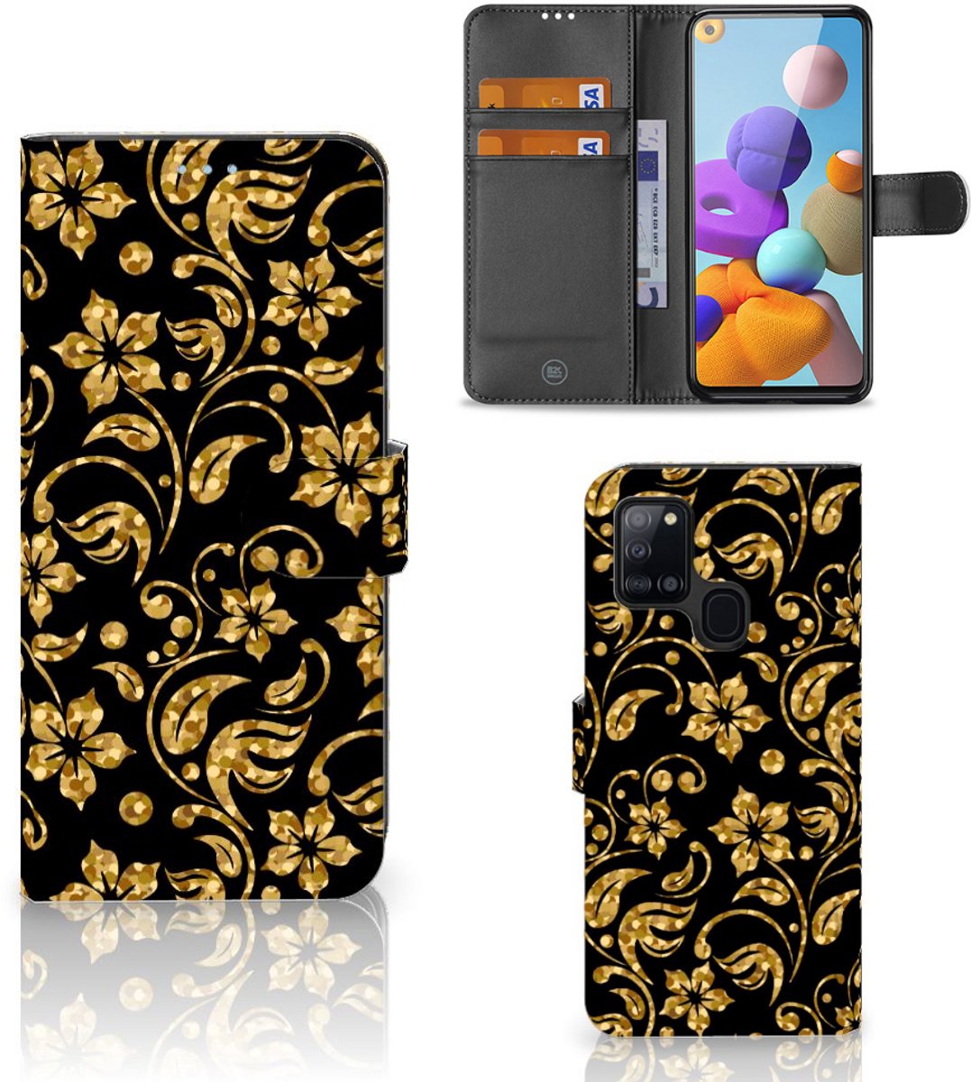 Boekhoesje voor Samsung Galaxy A21s Hoesje Gouden Bloemen