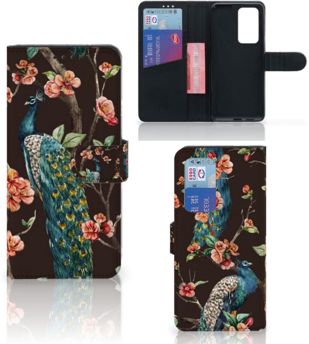 Huawei P40 Pro Telefoonhoesje met Pasjes Pauw met Bloemen