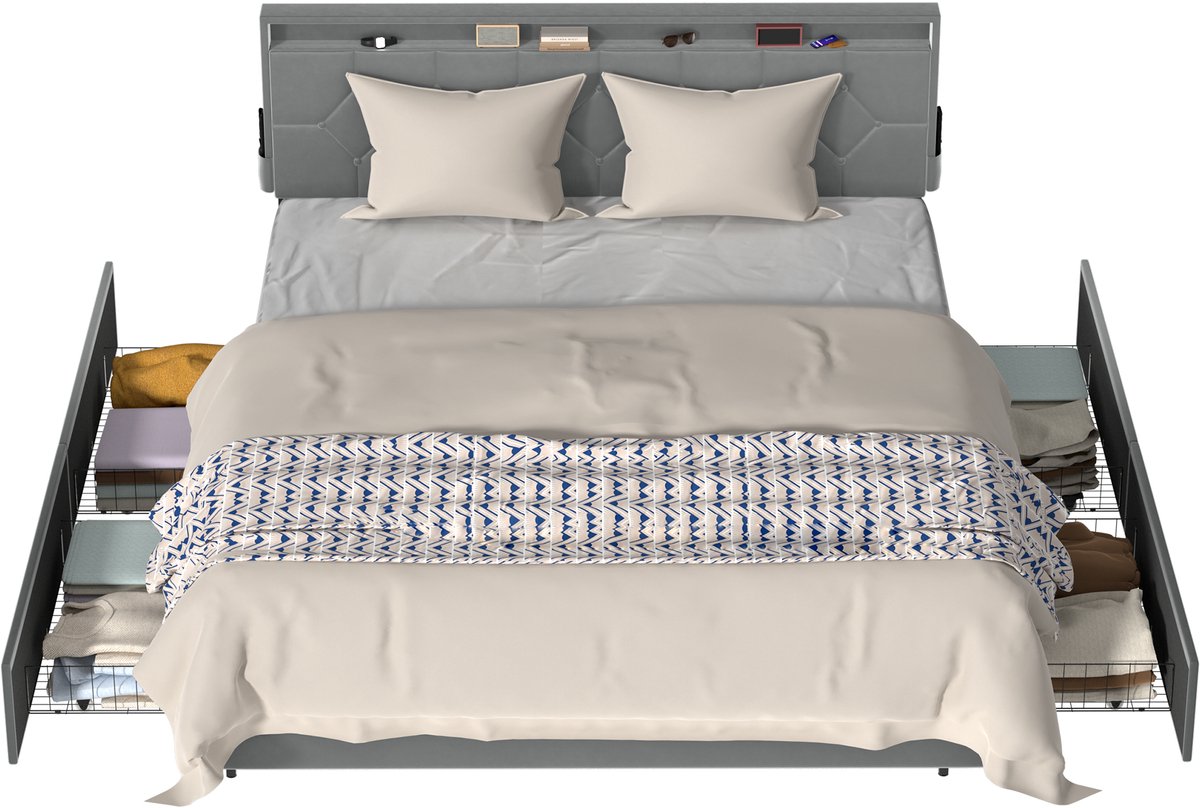 Froadp Platformbed van stof 160 x 200 cm, gestoffeerd hoofdeinde, bedframe voor eenpersoonsbed, bedframe in lichtgrijs, modern design voor de slaapkamer