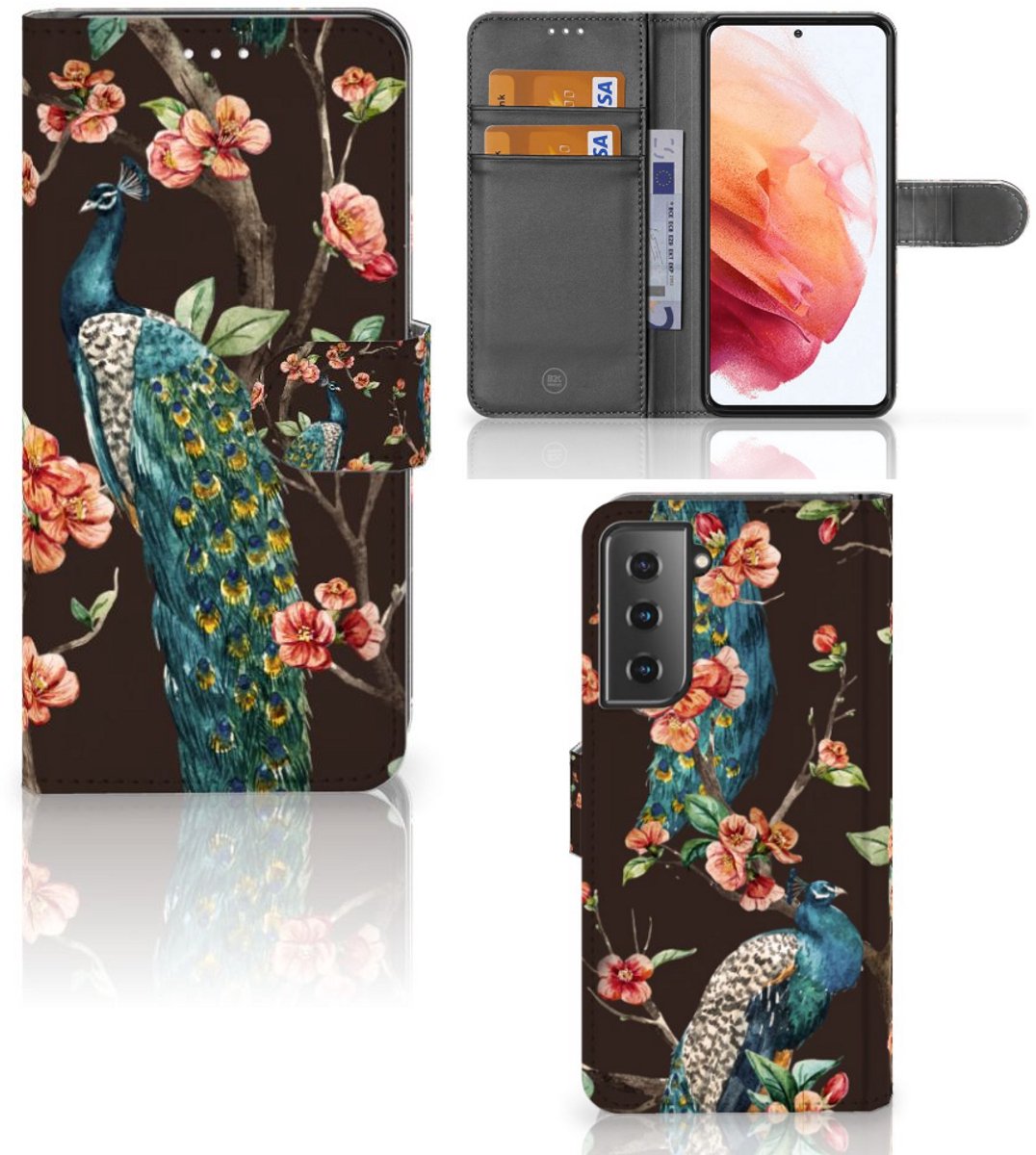 Samsung Galaxy S21 Telefoonhoesje met Pasjes Pauw met Bloemen