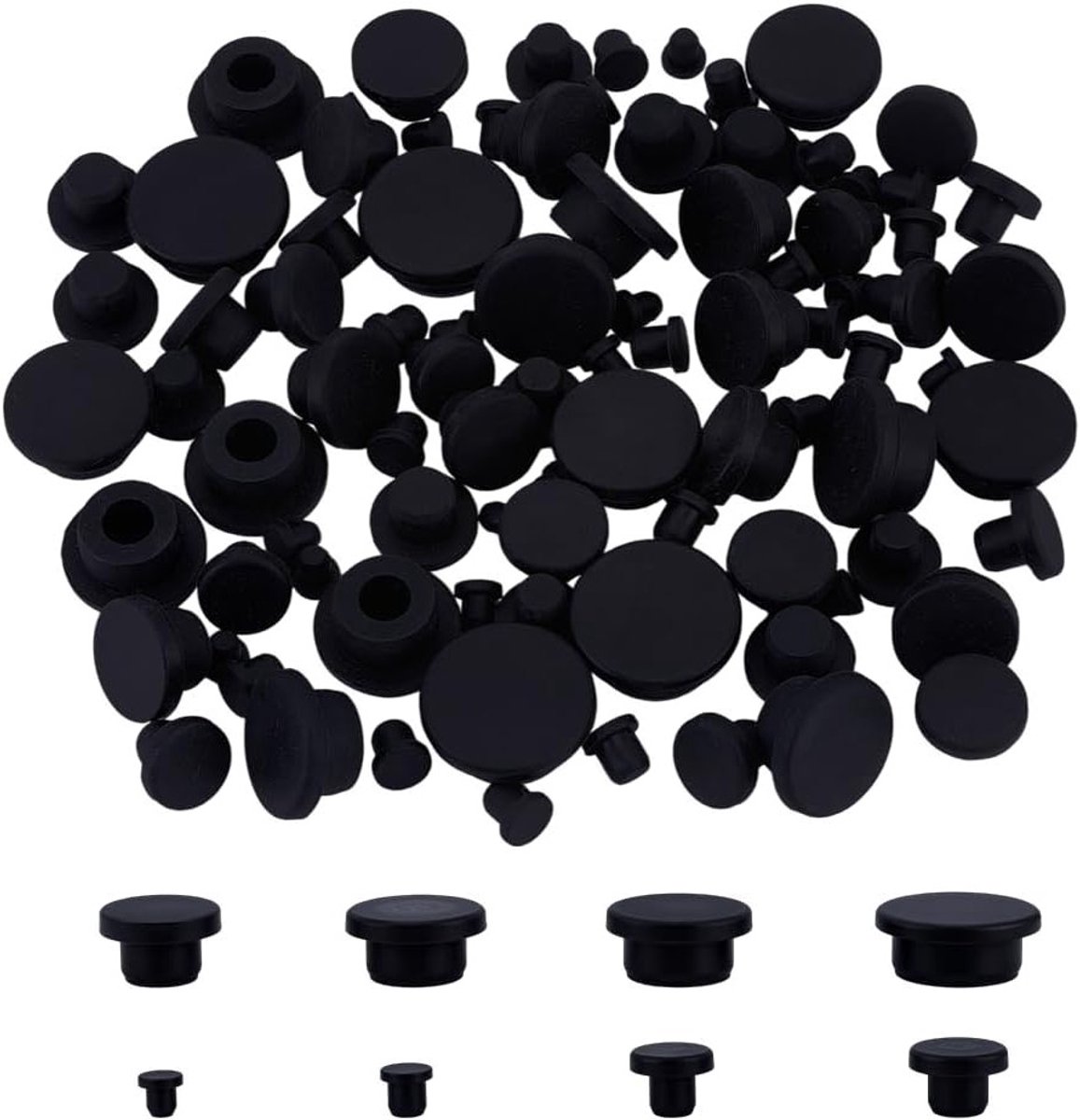 Image of 100 Stuks Silicone Caps in 8 Maten, Zwarte Snap-On Eindkappen voor Testbuizen, Meubelpootbescherming en Waterdichte Toepassingen