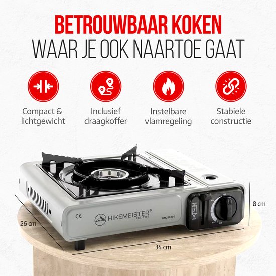 Hikemeister ® camping kooktoestel 1 pit 2200 KW draagbaar - Grijs - Inclusief 8 gasbussen + 2 Plaids - Butaangas Gasstel Gasfornuis Gaspit - Campingkooktoestel Gas Kookplaat - Met Koffer - Noodpakket van Merkloos — afbeelding 2