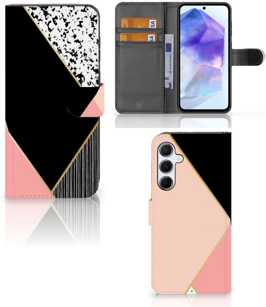 Samsung Galaxy A55 Book Case Zwart Roze Vormen