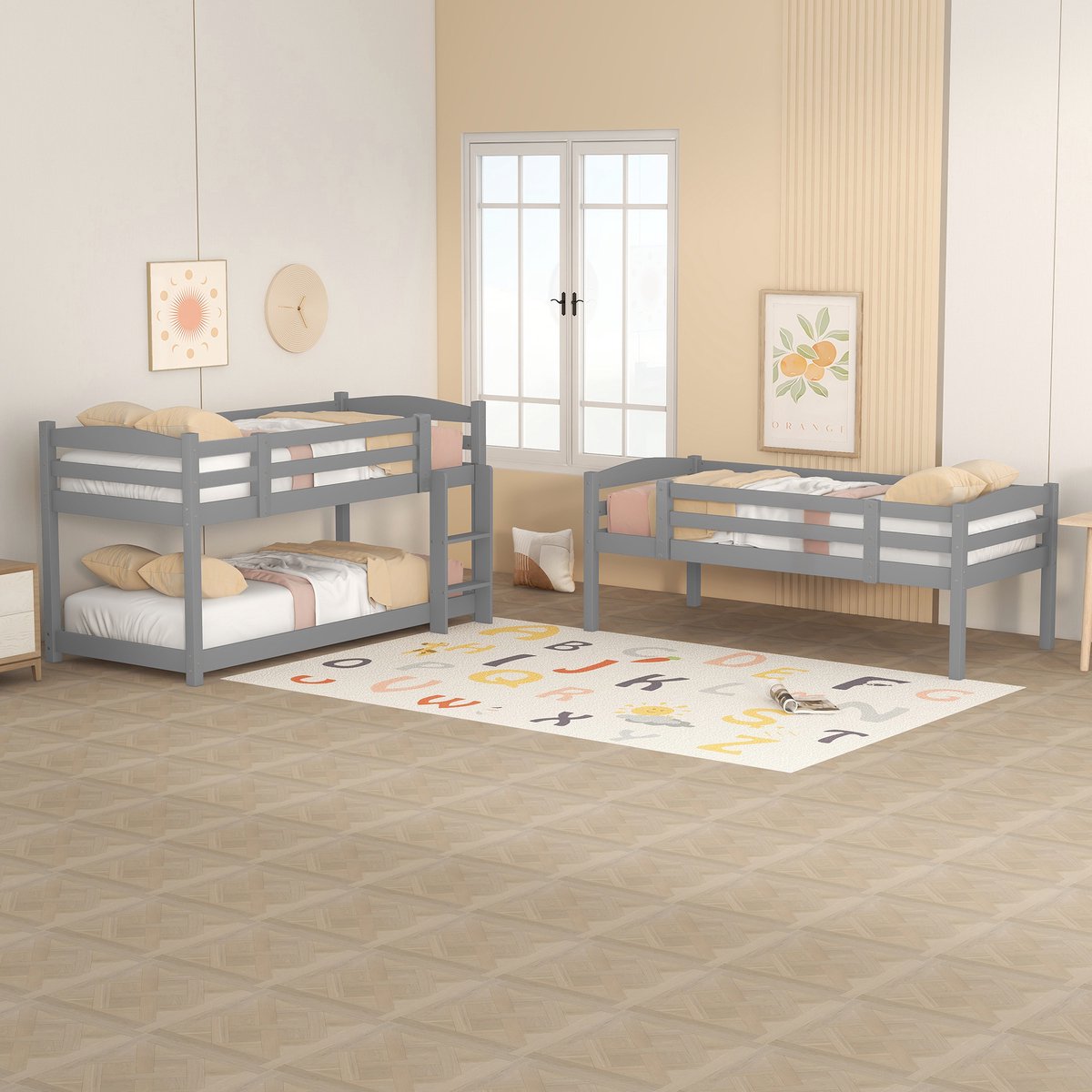 Stapelbed 90x200 cm - kinderbed - drie lagen - zonder matras - grijs