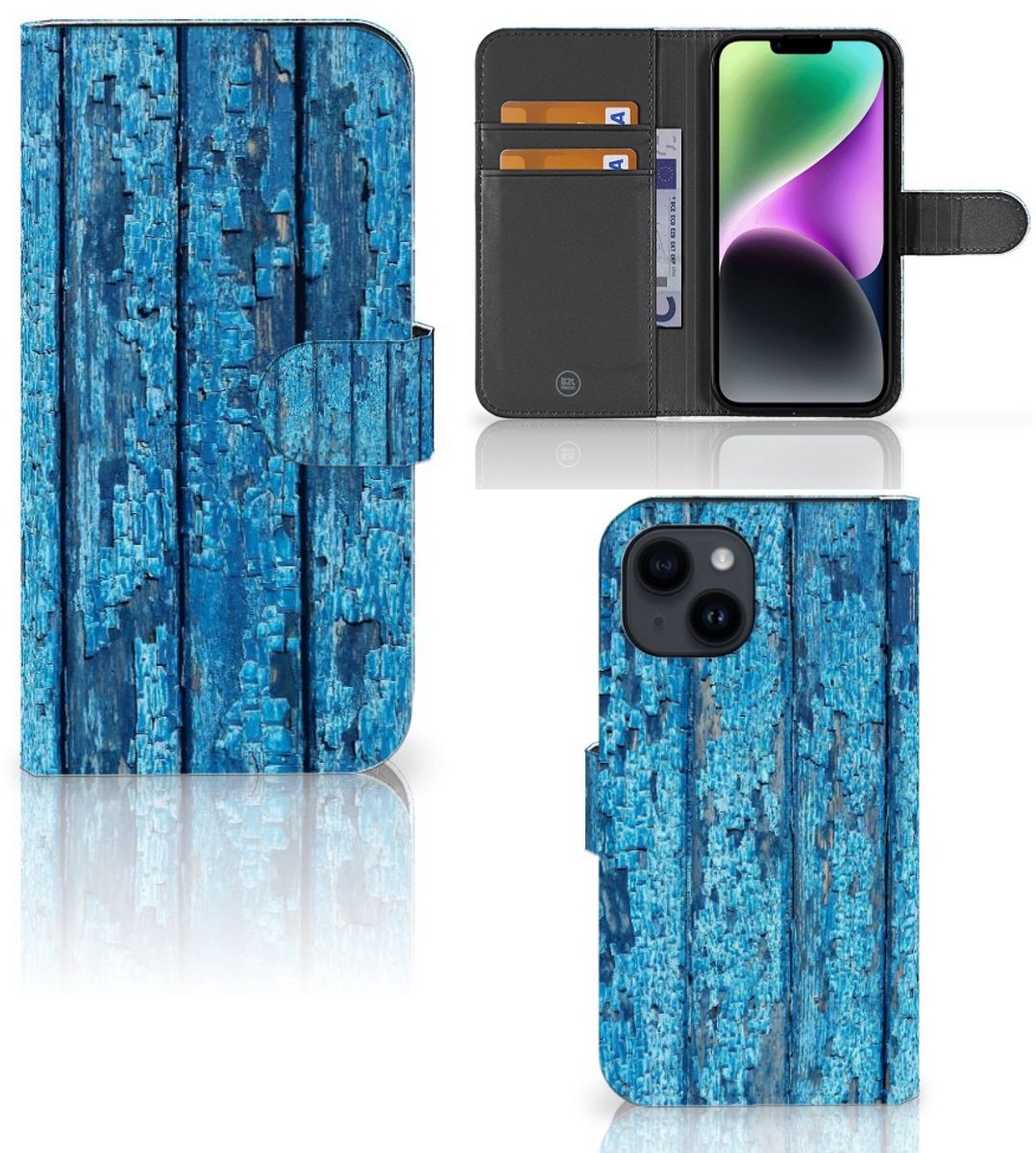 iPhone 15 Book Style Case Wood Blue