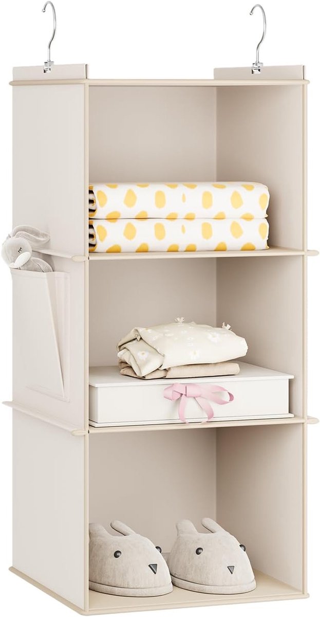 Hanging Storage met 3 Planken - Opvouwbare Kledingorganizer met Zijvakken voor Kleding en Accessoires in Beige
