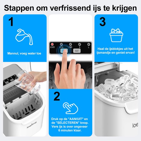 LOEFME Ijsblokjesmachine - 0,8L - Ijsblokjesmaker - 12kg/24 uur - Ijsmand & IJsschep - Zelfreinigingsfunctie - Wit van Merkloos — afbeelding 4