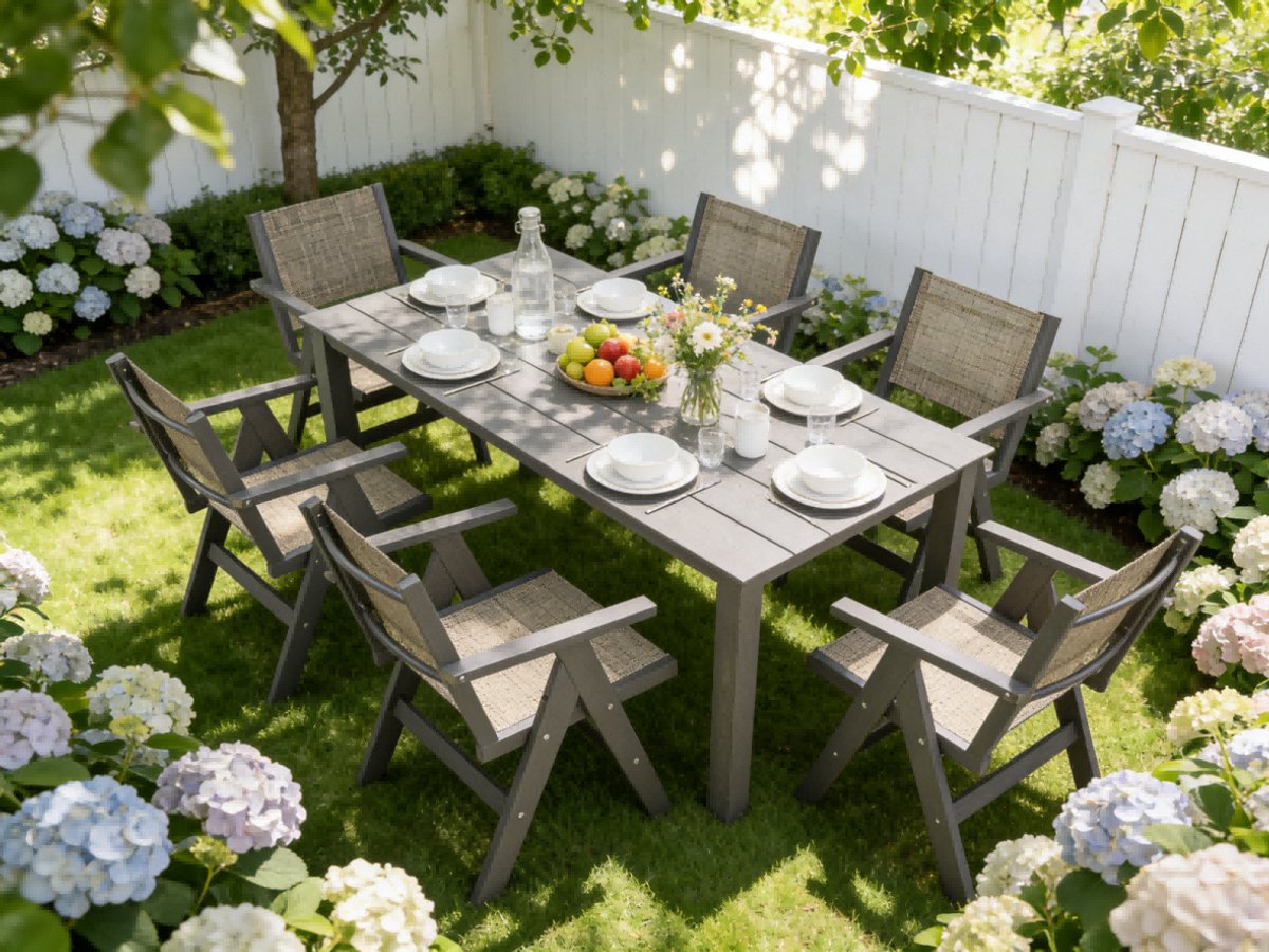 NJLYUHOME Outdoor - Allweather eettafel met parasolgat - 175 x 81 x 75 cm - HIPS met houtlook - Weerbestendig & onderhoudsvriendelijk