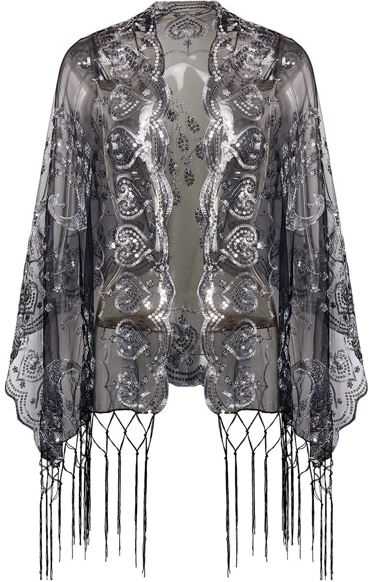 Cosensi - Vintage Stola - Retro Sjaal - Perfect voor Avondkleding - Zwart/Zilver - Gatsby Kostuum Accessoire - Geschikt voor Bruiloften - Schouderb...