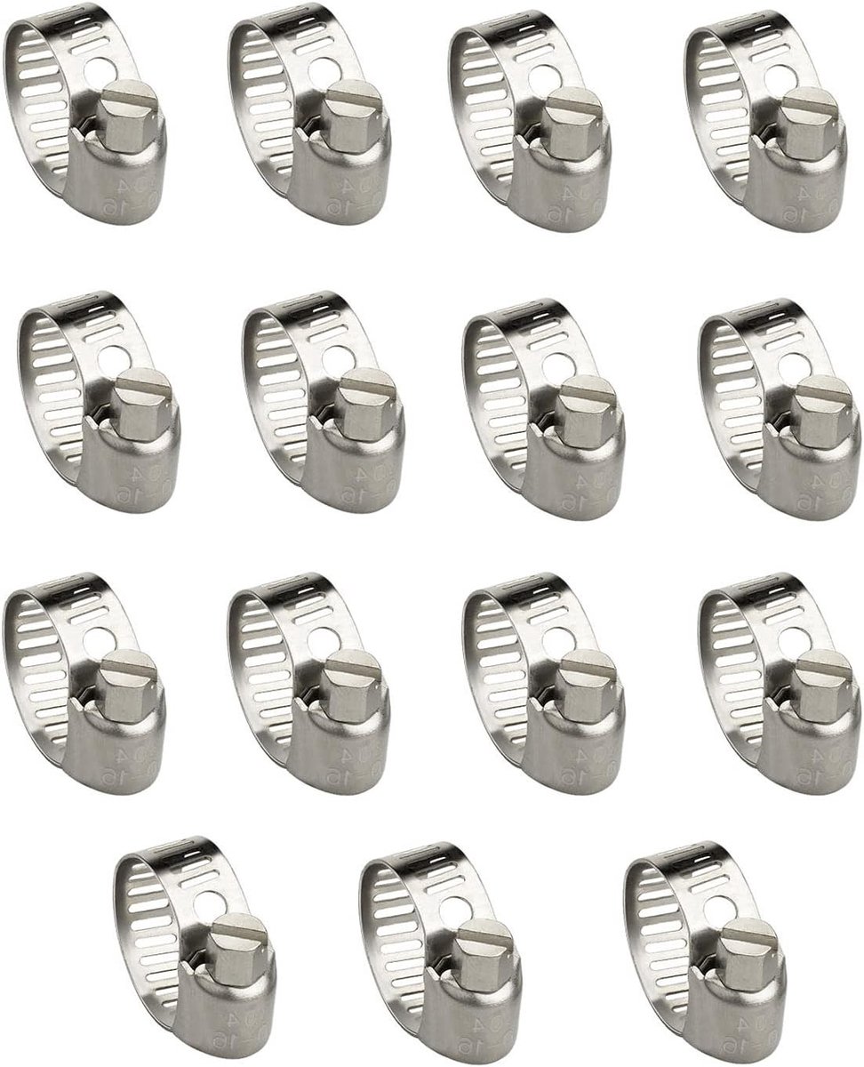 Verstelbare RVS Slangenklemmen met Wormaandrijving, Set van 15 Stuks (10-16mm) voor Diverse Toepassingen