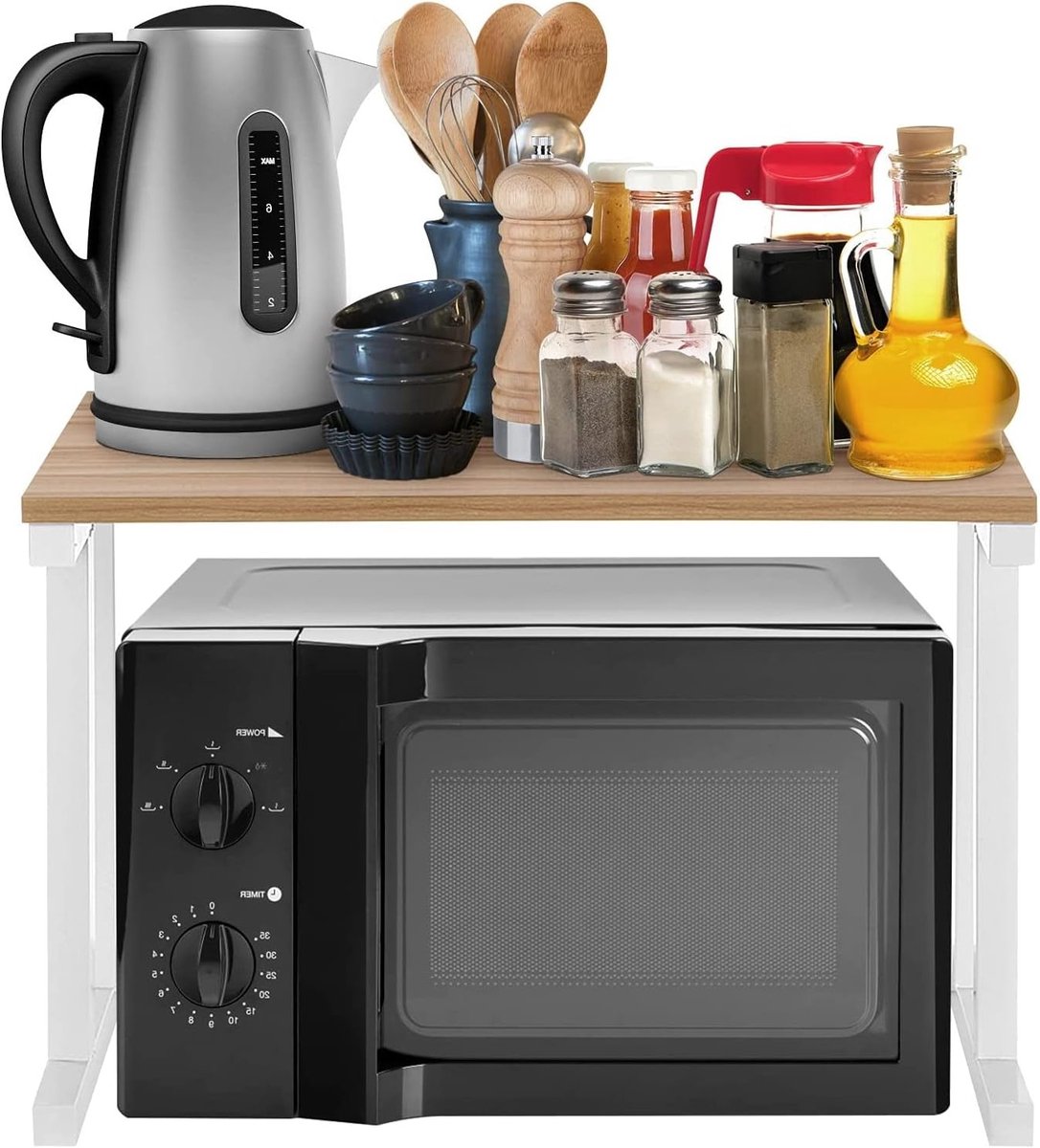 2-laags Magnetronrek van Hout voor Keuken - Ruimtebesparend Rek voor Magnetron, Rijstkoker, Borden en Koffiekannen - Afmetingen 38 x 38 x 57 cm (Wit)