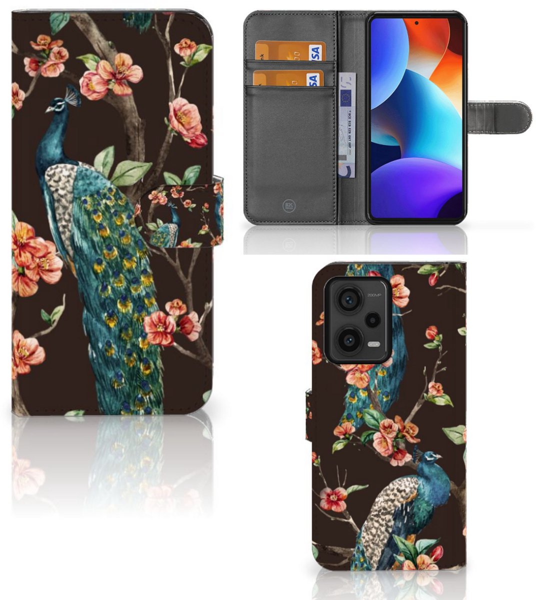 Xiaomi Redmi Note 12 Pro Plus Telefoonhoesje met Pasjes Pauw met Bloemen