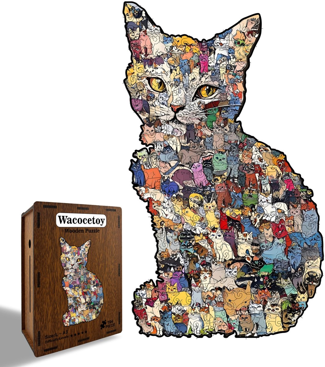 Kraftverdia Houten Puzzel voor Volwassenen 194 Stukjes – Kat – Unieke Vorm Puzzel