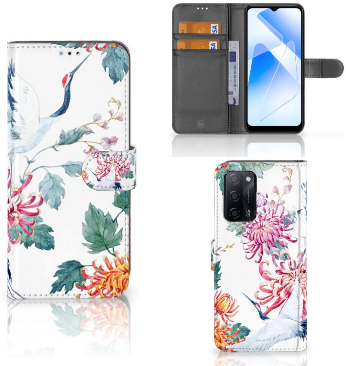 OPPO A16/A16s/A54s Telefoonhoesje met Pasjes Bird Flowers