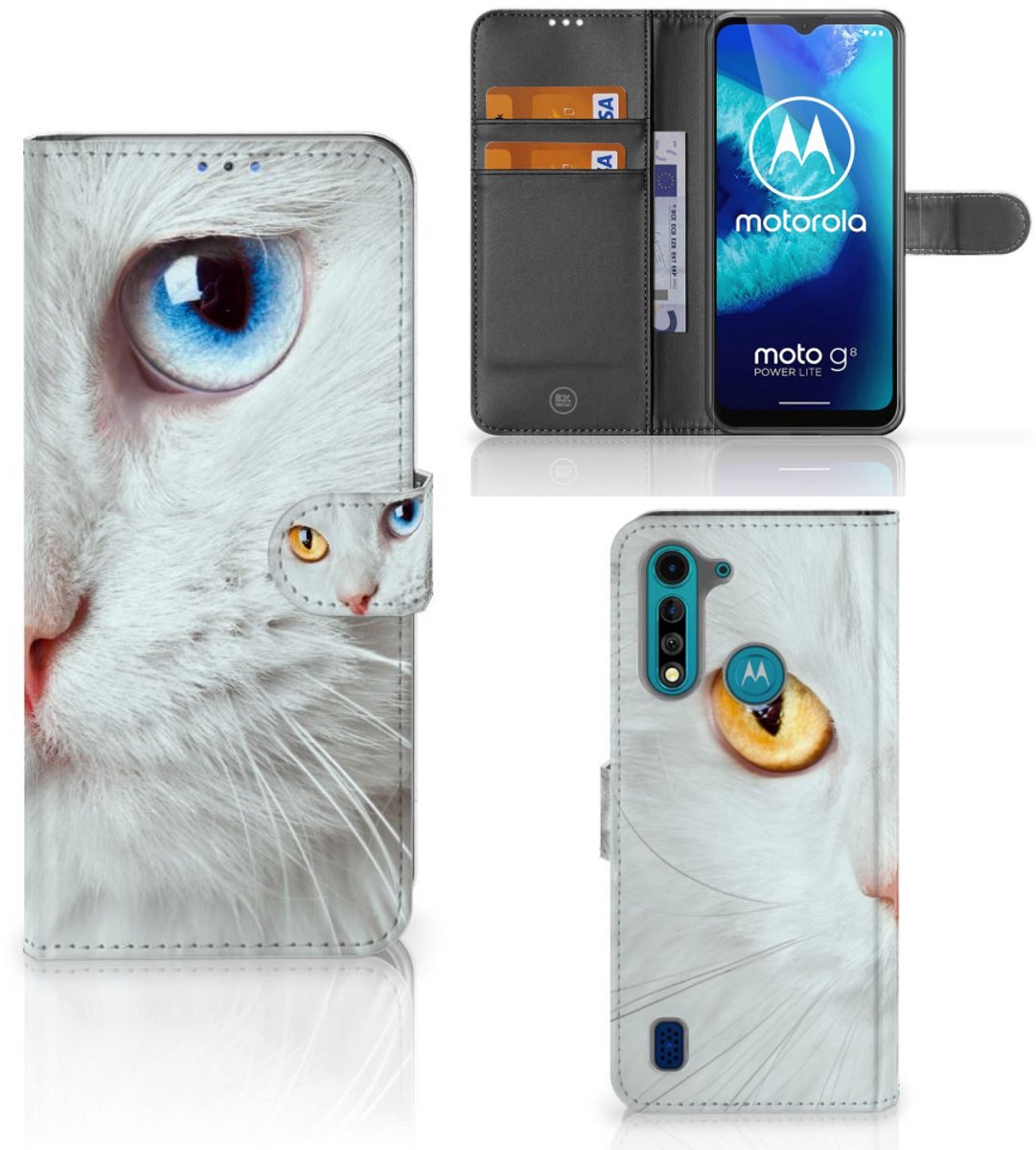Boekhoesje voor Motorola G8 Power Lite Telefoonhoesje met Pasjes Witte Kat