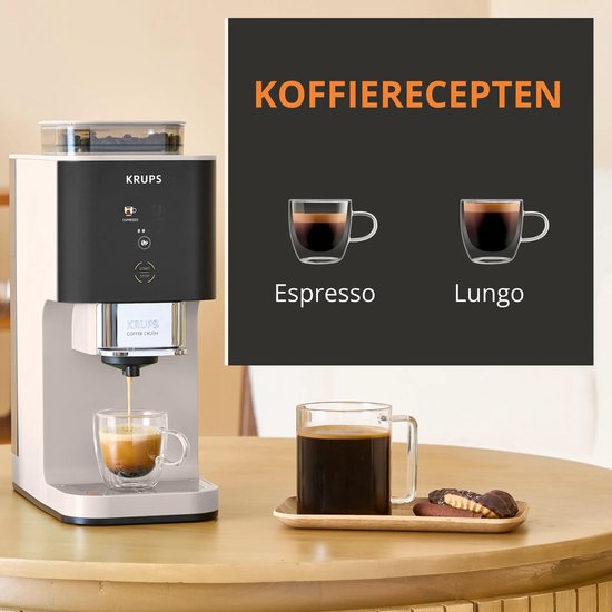 Krups Coffee Crush machine zet espresso en lungo, met tekst "Koffierecepten".
