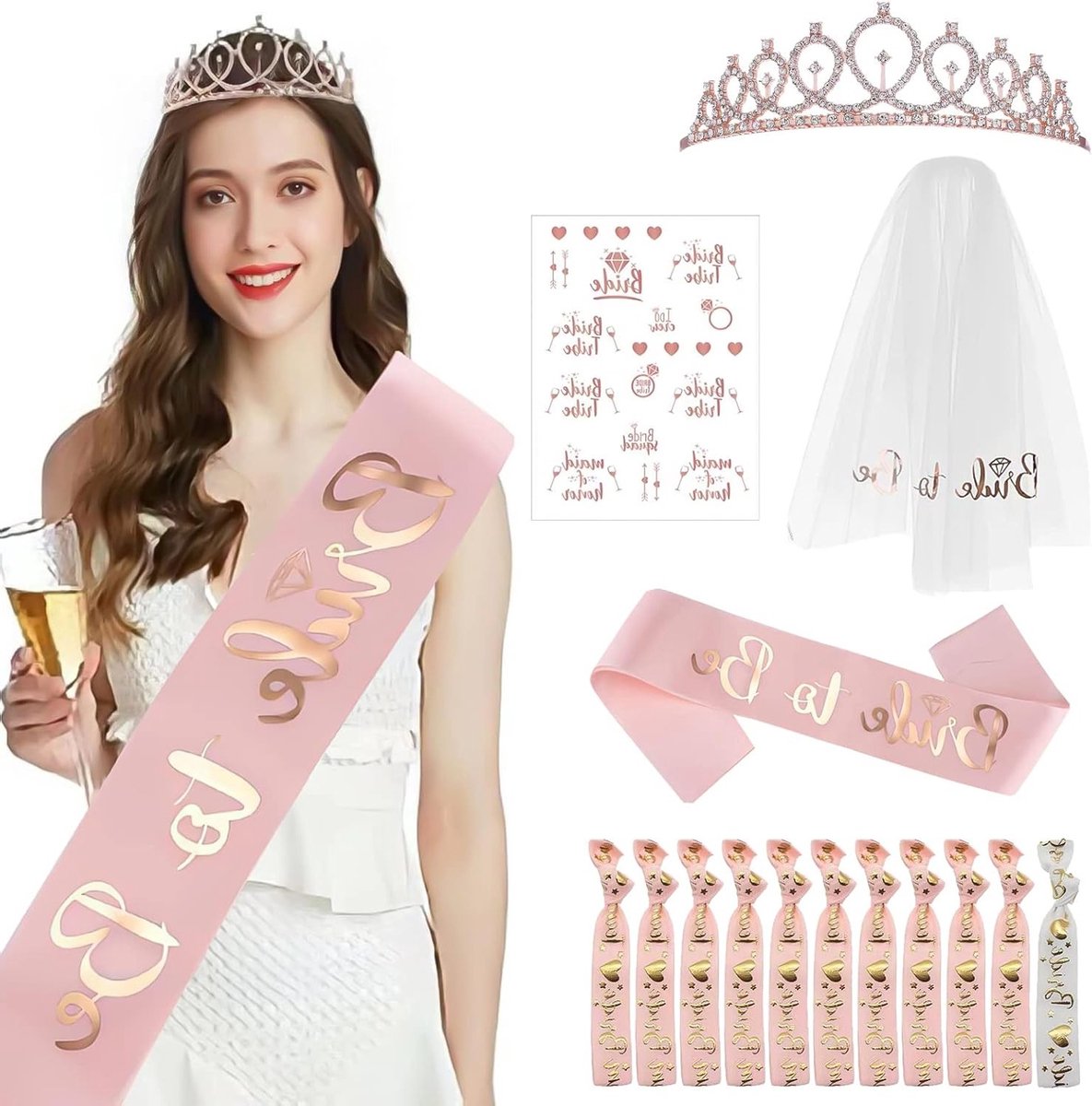 Bruid en Team Bruid Armbandenset voor Bachelorette Party - 15 Stuks met Tiara, Sash en Tattoos in Roségoud