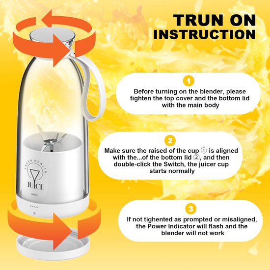 Sander Shop Draagbare Smoothiemaker To Go 500 ml - Oplaadbare Mixer met 6 Messen Roestvrij Staal, Fresh Juice Fles voor Babyvoeding, Sportschool, Reizen (Wit) van Merkloos — afbeelding 3