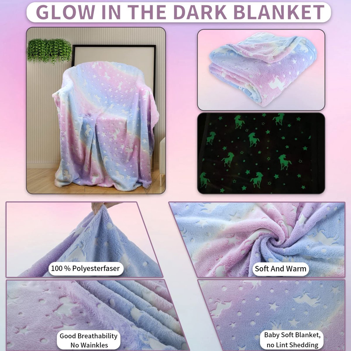 Smoakez - Knuffeldeken voor Kinderen - Eenhoorn - Oplichtend in het Donker - Pluizig Roze - Superzacht en Warm - Perfect voor Bed en Bank