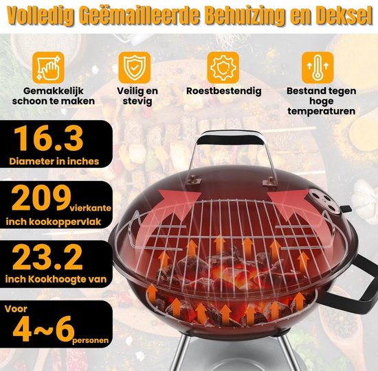 Houtskool Barbecue Met Deksel Voor Authentieke BBQ Smaak - Houtskoolbarbecue Op Wielen Met Stevig Metaal Design Voor Eenvoudig Verplaatsen - Kogelbarbecue Rond 51 x 47 x 78 cm Voor Tuin, Balkon en Camping - Zwart Design Met Optimale Warmteverdeling van Merkloos — afbeelding 4