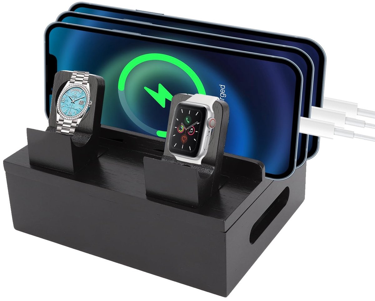 Zeynomax - Houten laadstation - desktop dockingstation - multifunctioneel - zwart - geschikt voor telefoons tablets horloges - 5 poorten laadstation..