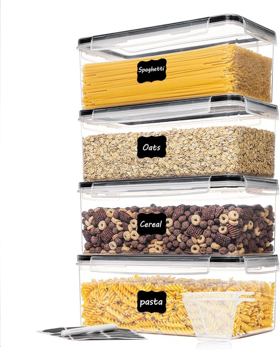 Lot de 4 boîtes de rangement 3,2 L – Boîtes de conservation hermétiques sans BPA, transparentes, empilables, pour pâtes, muesli, céréales, riz, noix, snacks – Organiseur de cuisine avec couvercle et étiquettes