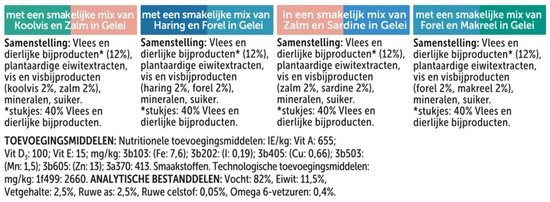 Felix Dubbel Zo Lekker Vis Selectie in gelei: ingrediëntenlijst met 4 verschillende visgerechten.