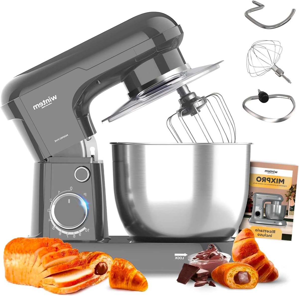 Planeetmixer - Keukenmachine - Bakken en mengen - Stille werking - 5 liter kom - Grijs