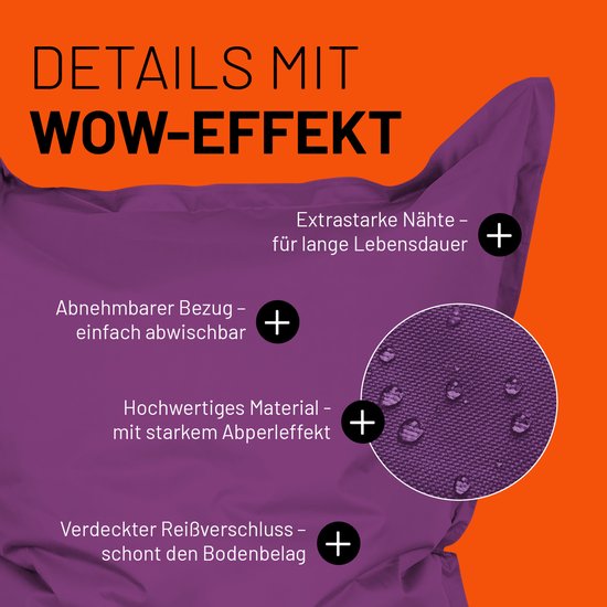 Details van een paarse zitzak: afneembare hoes, waterafstotend materiaal, versterkte naden.