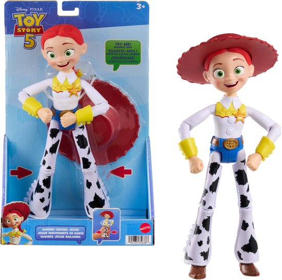 Boîte et figurine Jessie avec chapeau rouge, chemise blanche, poignets jaunes, pantalon bleu et jambes de pantalon imprimé vache.