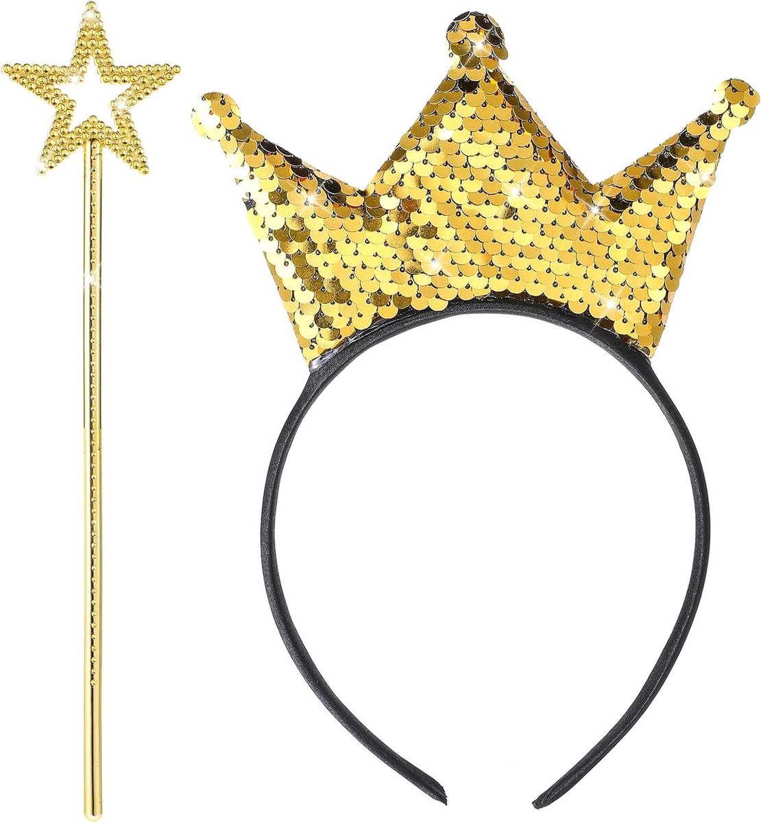 Tiara en Toverstaf Set voor Prinses Kostuum - Sequin Kroon, Haaraccessoires en Verjaardagsfeest Decoratie voor Kinderen