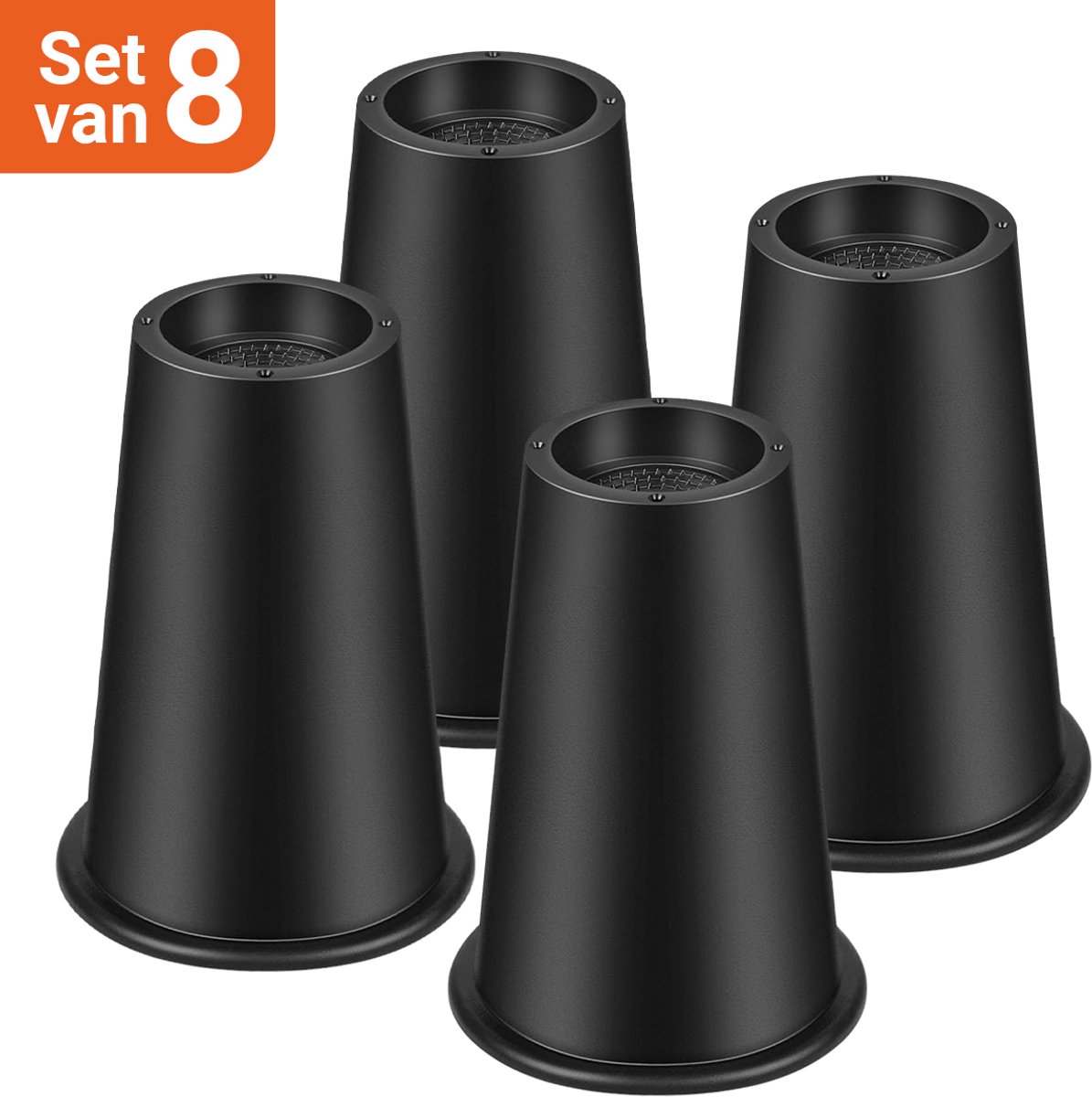 JustValue Meubelverhogers - Bedverhogers - Bedklossen - Set van 4 - 20 cm Verhoging - Rond - Antislip - Geschikt voor Bed, Stoel, Bank, Bureau, Kast en Tafel - Zwart