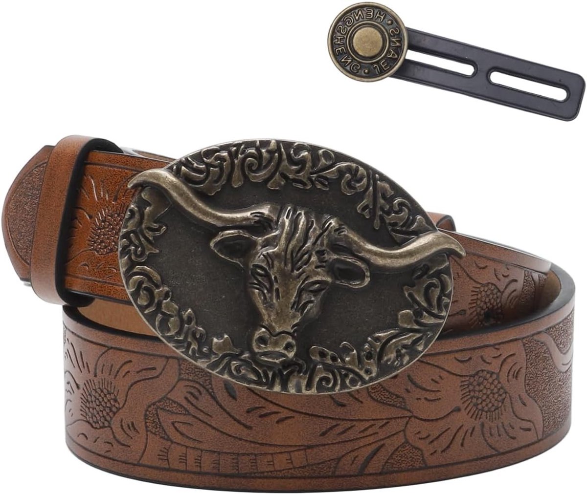Leren Cowboyriem voor Mannen en Vrouwen met Lange Hoorn Buckle en Bloemenpatroon - Ideaal voor Jeans, Feestjes en Dagelijks Gebruik (120 cm)