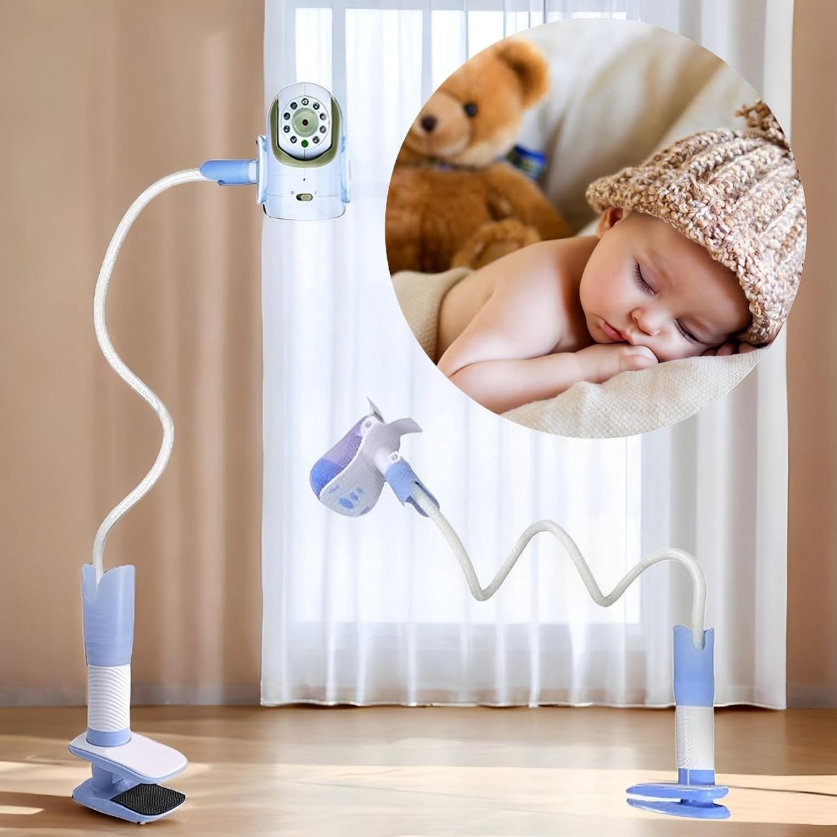 Flexibele Baby Monitor Bevestiging voor Binnengebruik, Geen Boren Nodig, Inclusief Klem en Klittenband, Ideaal voor Camera's
