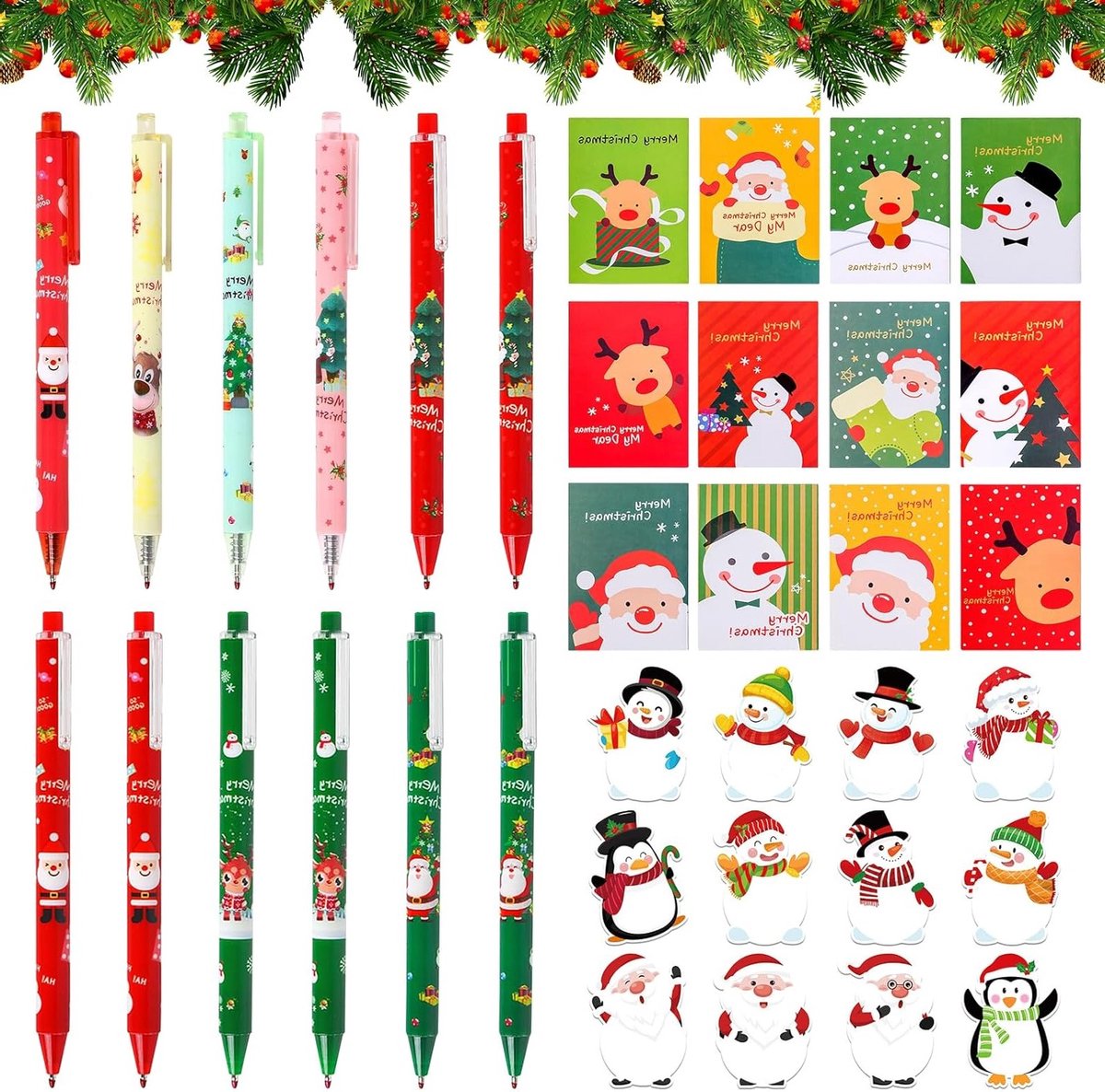 Kerststationery Set met 36 Stukken, Kerstpennen, Notitieblokken, Plaknotities en Markers voor Kinderen en Cadeaus