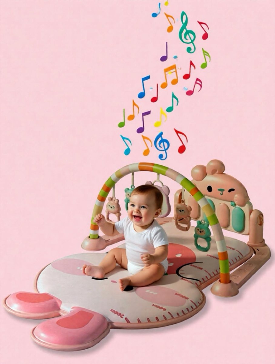 Babygym roos speelmat met speelboog en piano - activiteitencenter met meter en speelkleed