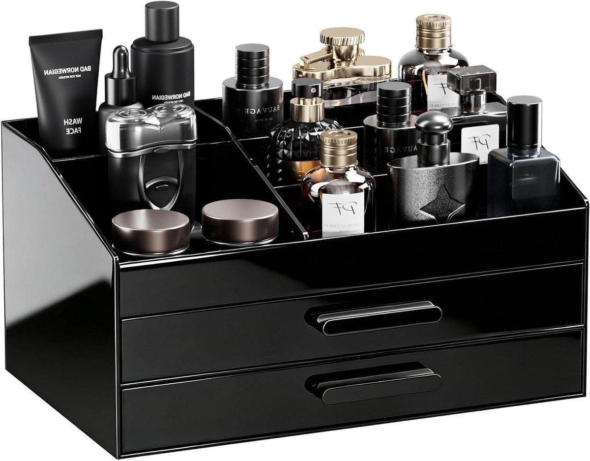 Make-up Organizer voor Mannen met Lade - Acryl Houder voor Parfum en Toilet Organiser voor Huidverzorging en Cosmetica, 2 Niveaus