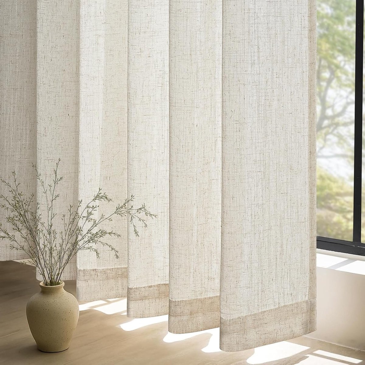 Linnen Gordijnen 260x300cm Boho Stijl voor Woonkamer, Half Transparant met Rimpelband, Beige Natuurlijke Look voor Railsysteem