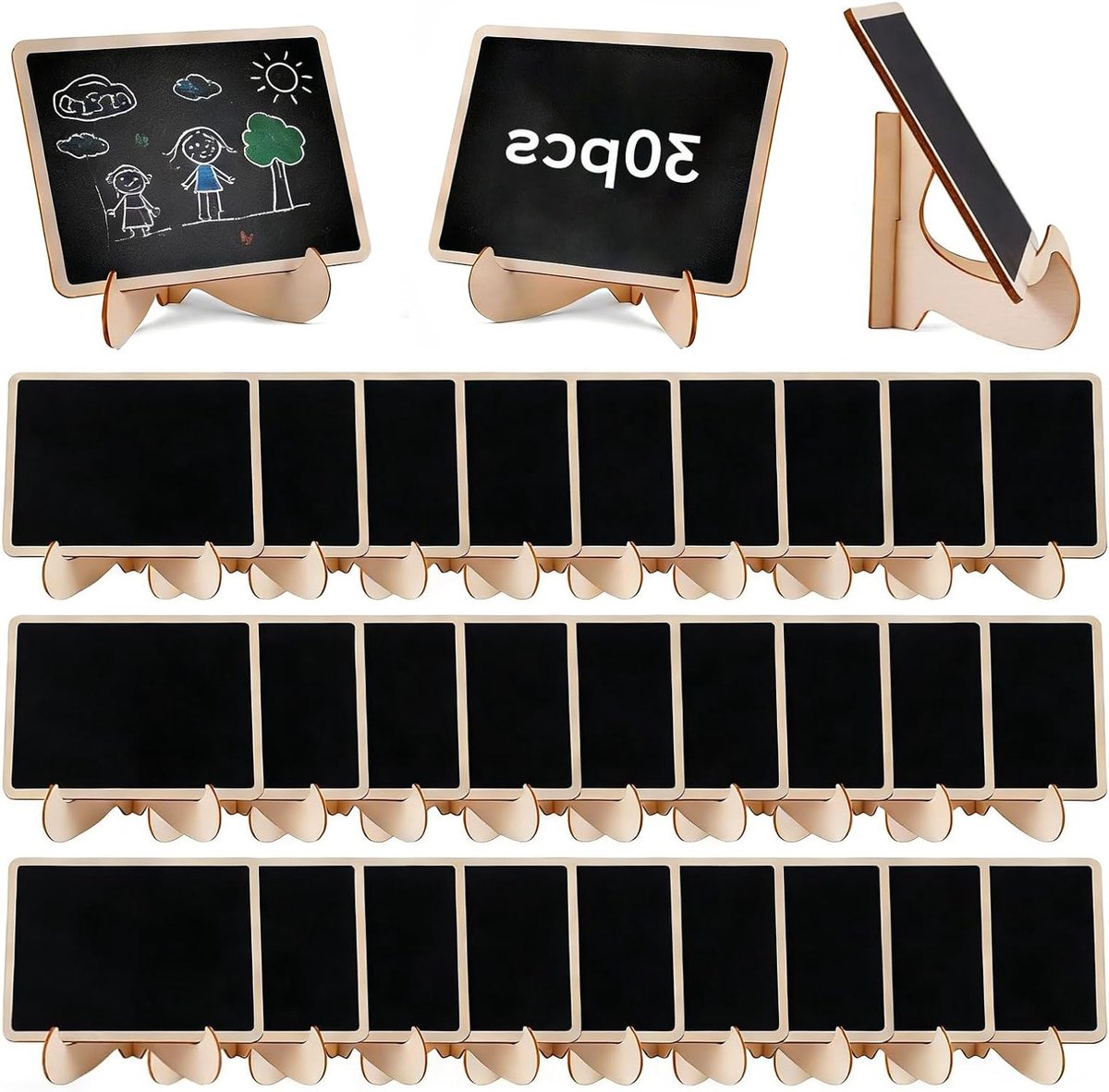 Set van 30 Krijtborden, Memo Bord met Stand, 10 x 7,5 cm, Herbruikbaar en Uitschuifbaar voor Tafelkarten, Prijslabels en Buffetborden