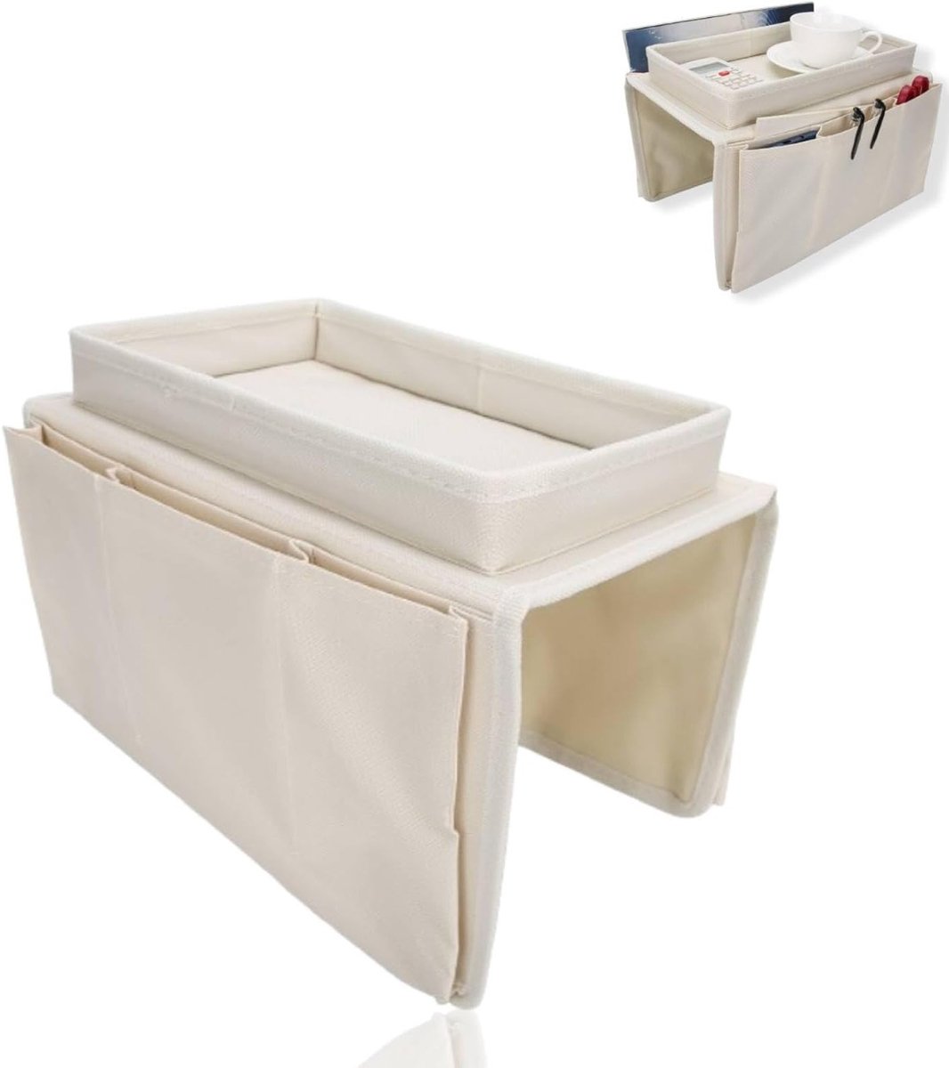 Praktische Organizer voor de Armleuning van de Sofa met Opbergruimte voor Remote, Mobiele Telefoon en Tijdschriften - Beige Kleur