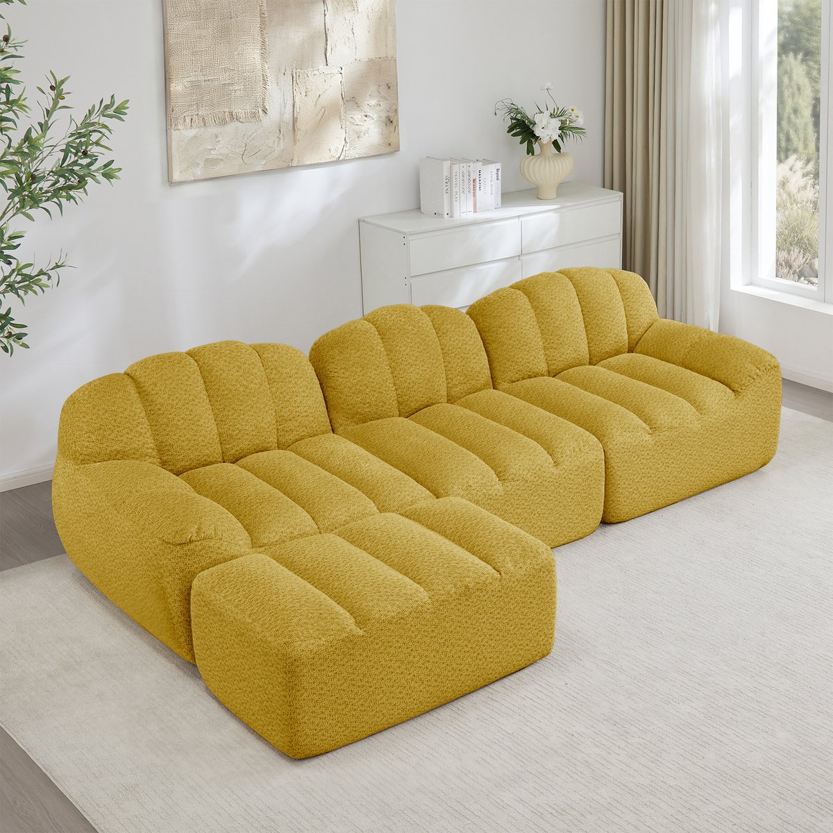 MIVRAY Hoekbank 3-Zits - Modulair Met Ottoman En Diepe Zitting - Voor Woonkamer En Appartement - Fleece Geel