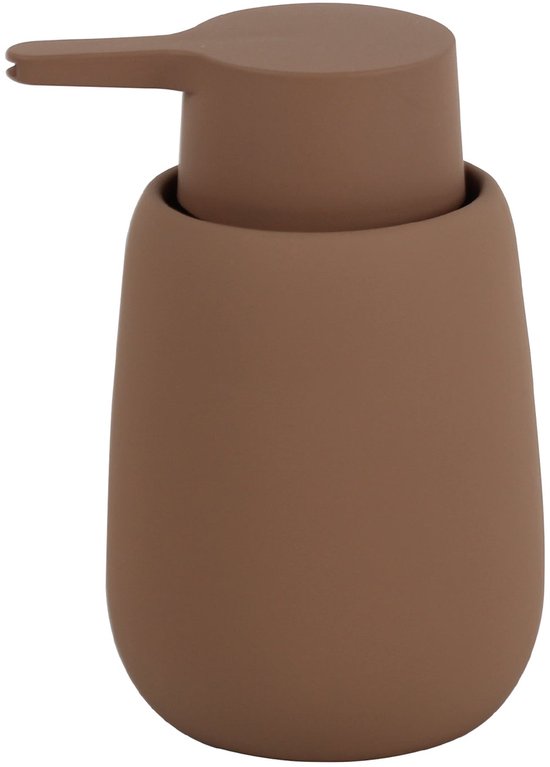 Bruine zeepdispenser met een gebogen tuit en een ronde basis.