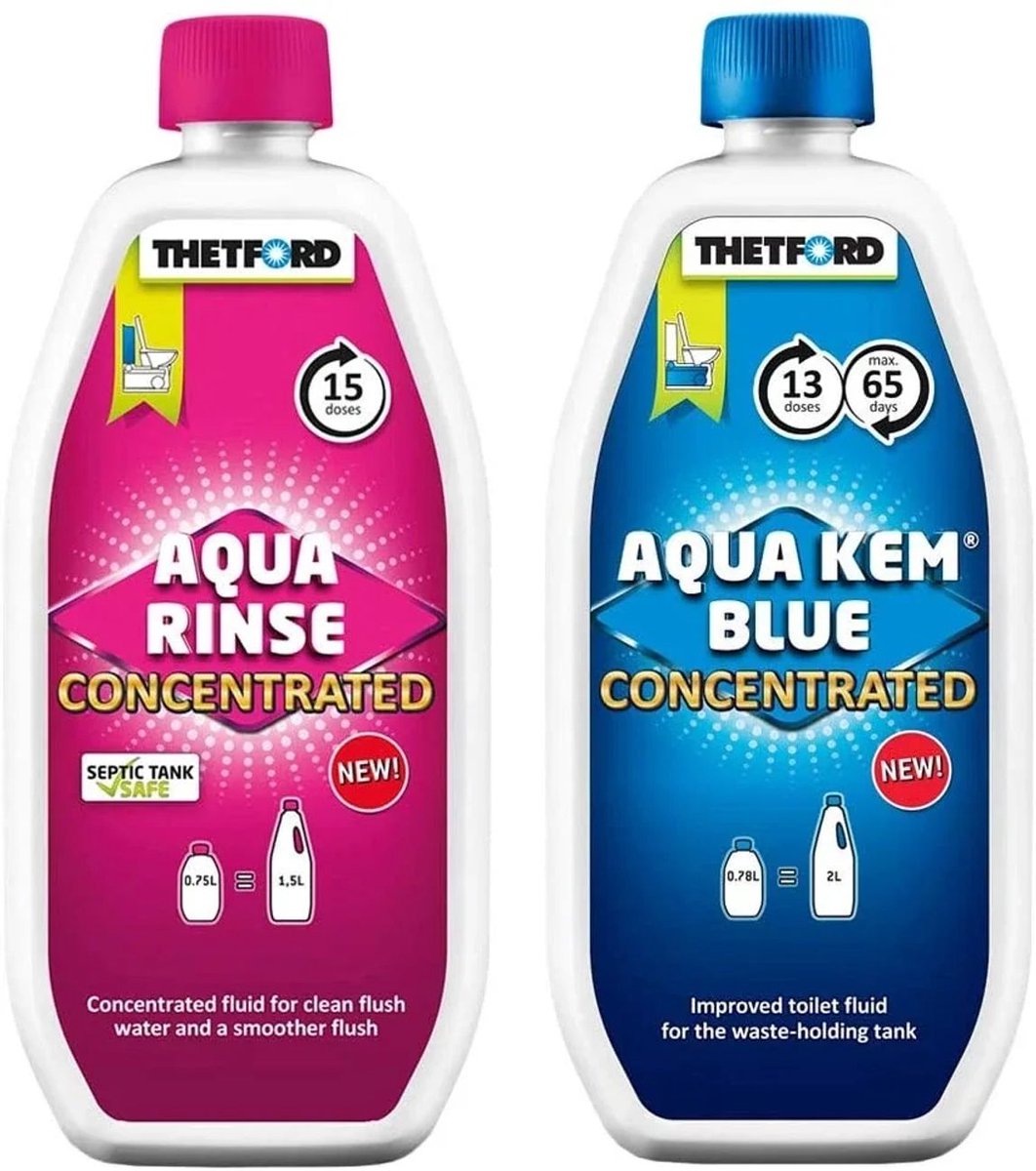 Toiletvloeistof, Camping Toilet Vloeistof, Mobiel Toilet, Aqua Kem Blue 0,78 Liter & Aqua Rinse 0,75 Liter Duopack